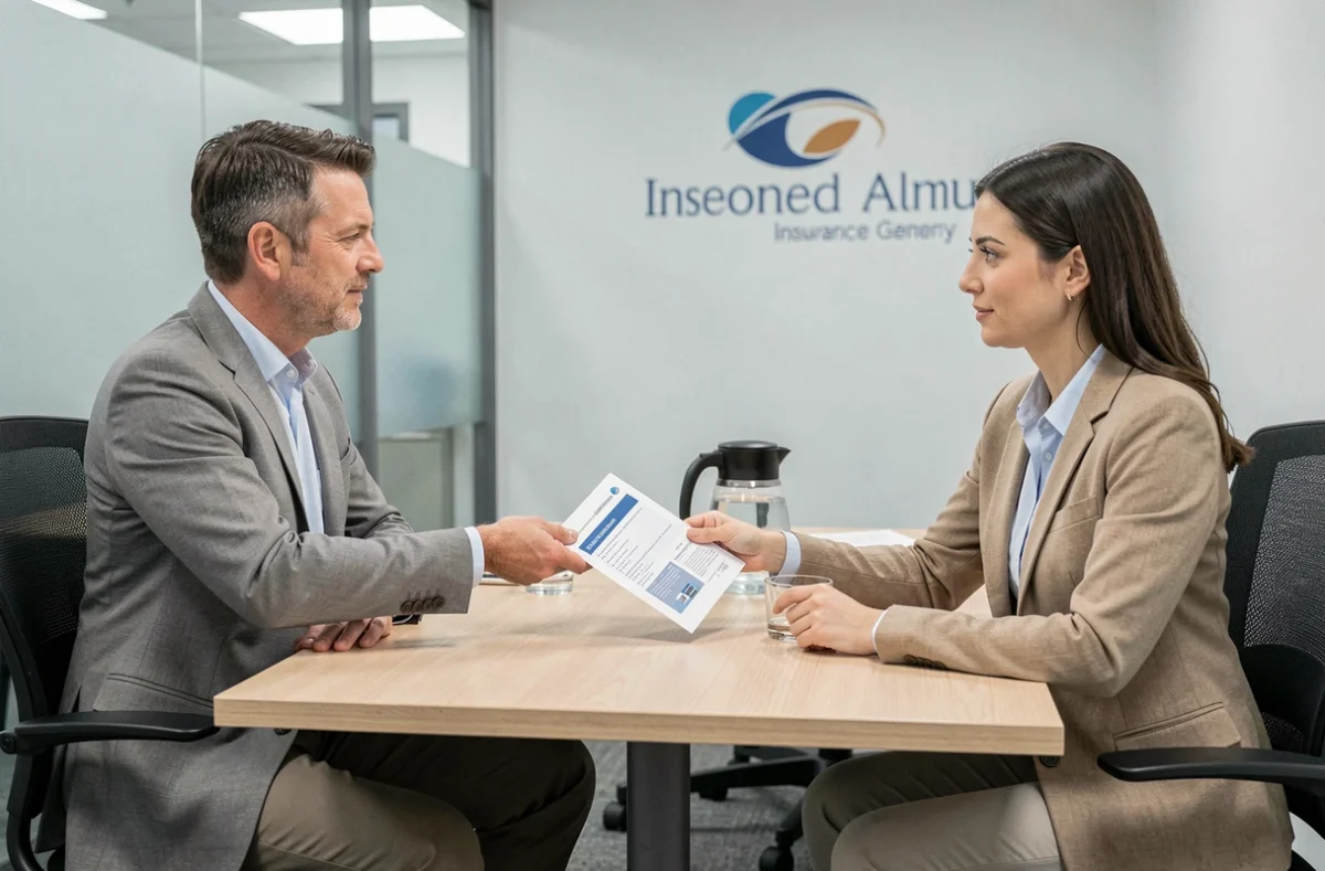 Conseiller en assurance remettant un document de résiliation Matmut à un client dans une agence