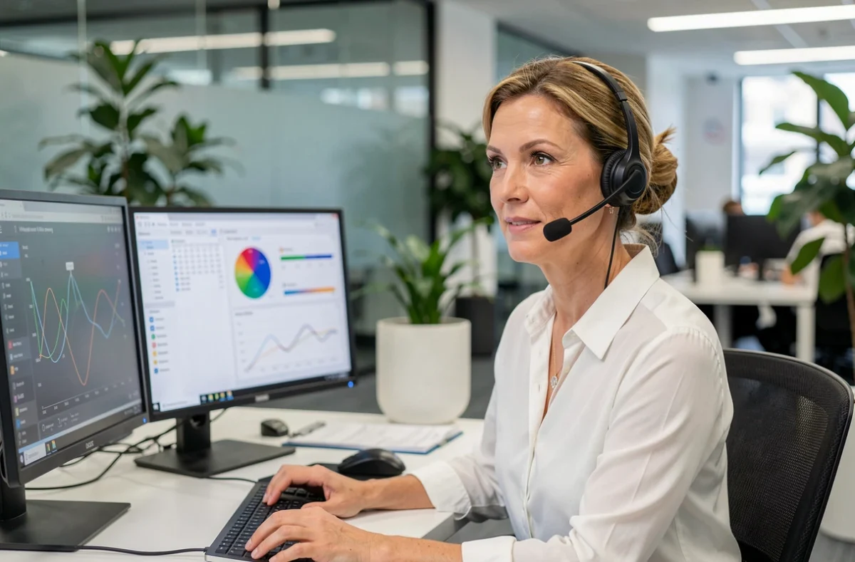Conseillère du service client Lydia avec casque téléphonique dans un centre d'appel moderne