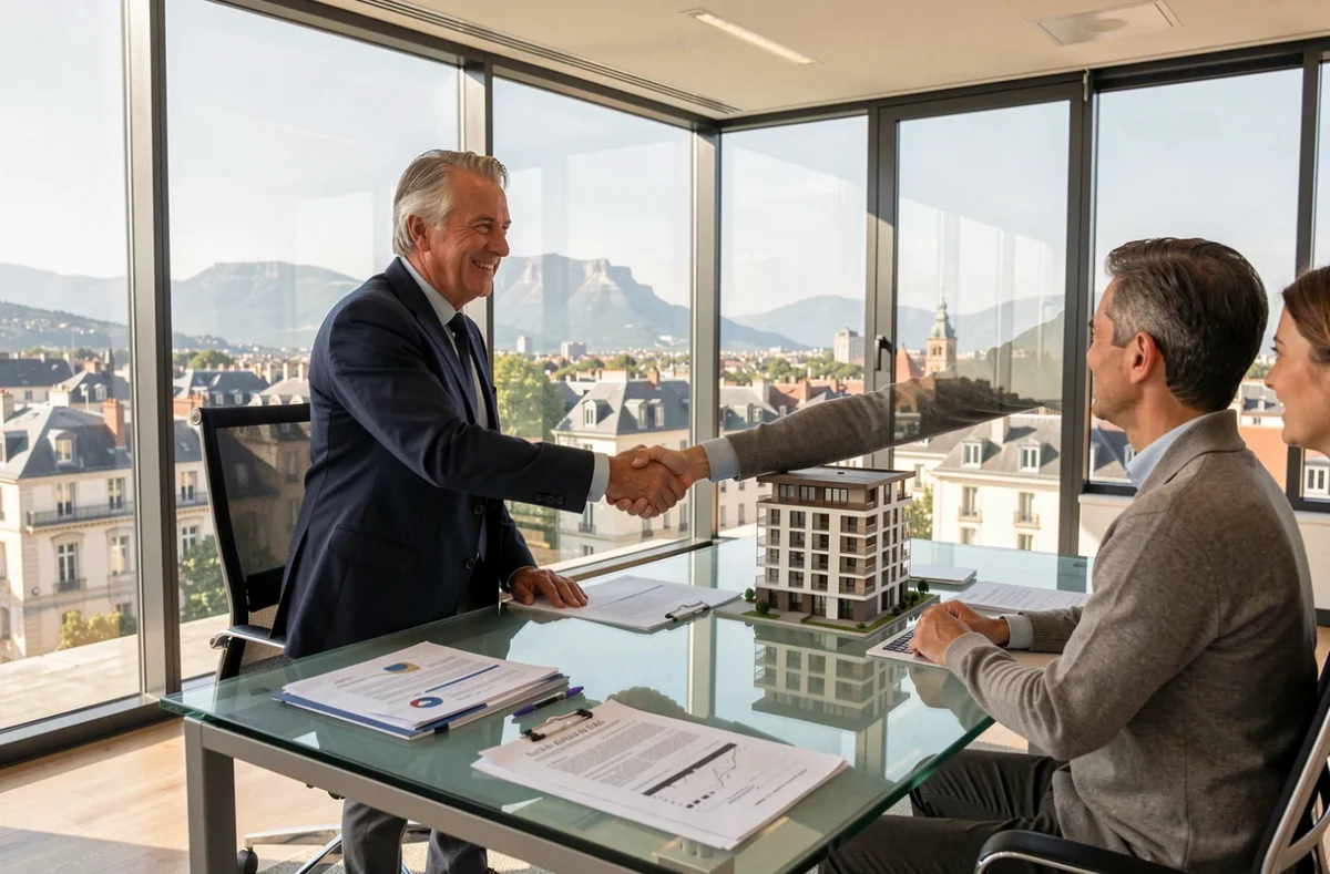 Conseiller en investissement locatif en Auvergne-Rhône-Alpes accueillant des clients dans un bureau moderne avec vue sur la ville