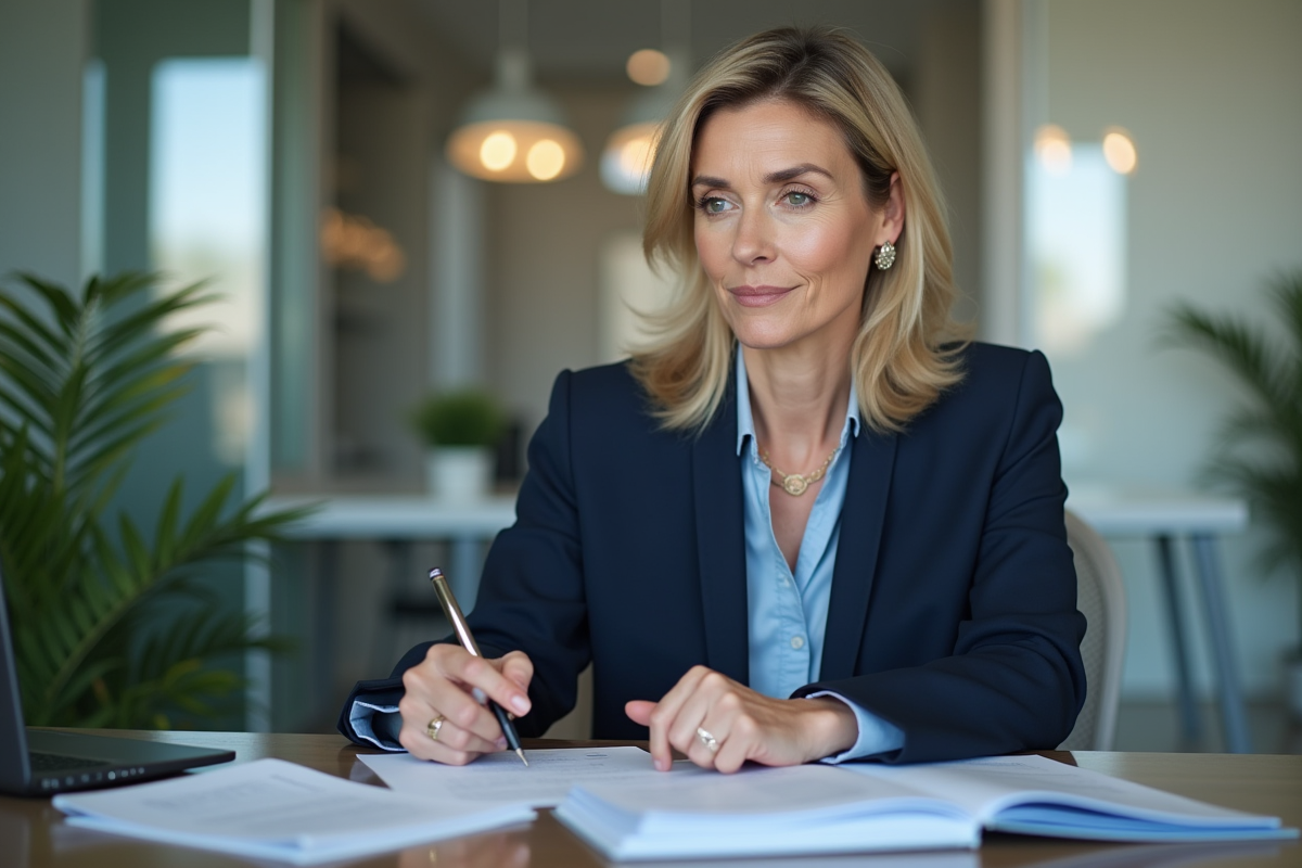 Conseillère en prêt immobilier expliquant des documents à un client