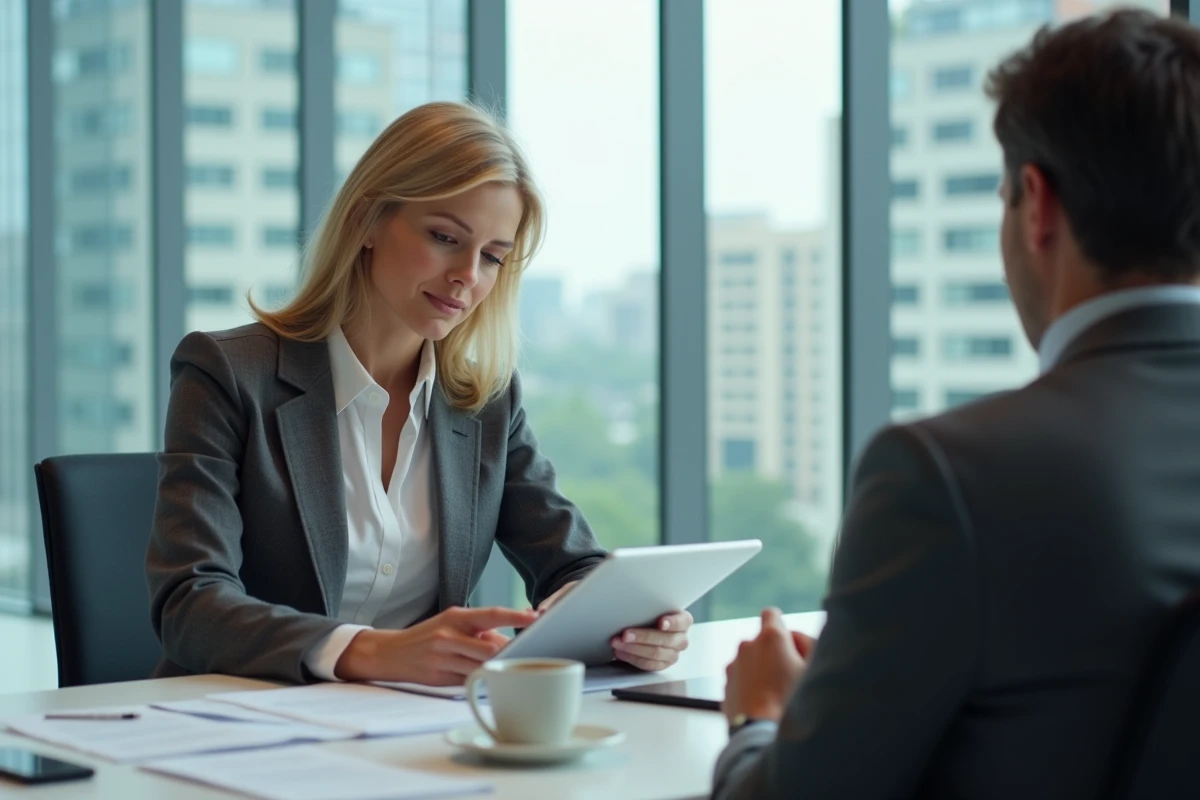Femme consultant un conseiller fiscal à propos de dettes publiques dans un bureau professionnel