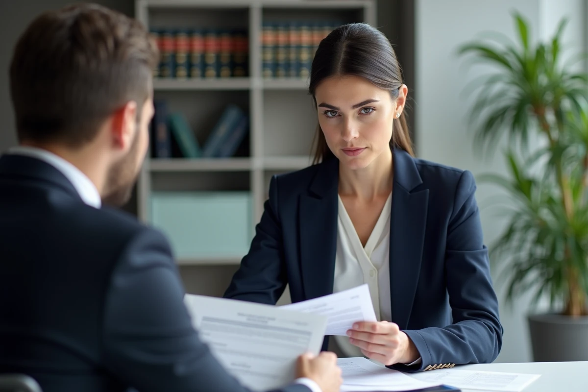 Femme consultant un conseiller juridique pour comprendre ses droits face aux relances d'Intrum