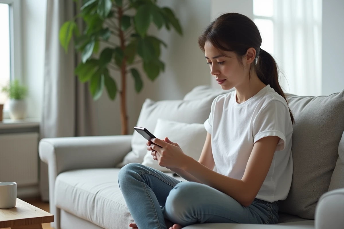 Jeune femme consultant ses relevés bancaires Société Générale sur son smartphone depuis son canapé