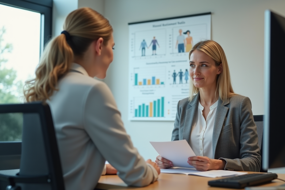 Femme professionnelle parlant à un conseiller en retraite dans un bureau lumineux
