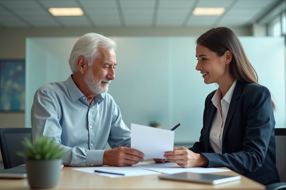 Personne âgée en consultation avec une assistante sociale pour comprendre les frais de tutelle et les aides disponibles