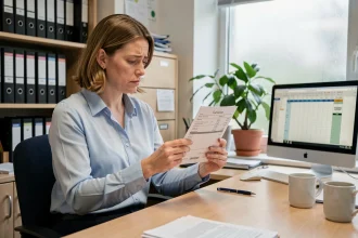 Contractuelle de l'éducation nationale analysant son bulletin de salaire dans un bureau administratif d'école