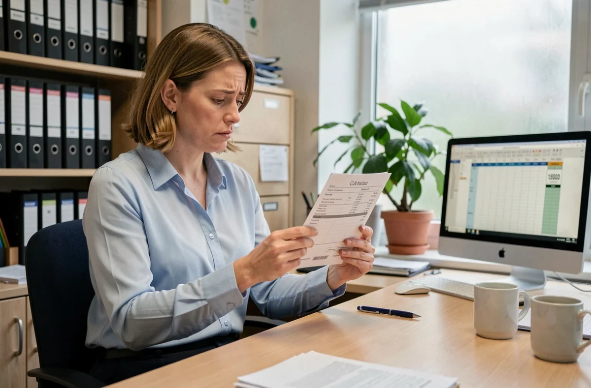 Contractuelle de l'éducation nationale analysant son bulletin de salaire dans un bureau administratif d'école