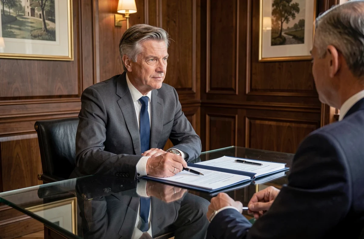 Conseiller de Coulanges Gestion Privée en entretien de gestion de patrimoine avec un client aisé dans un bureau raffiné