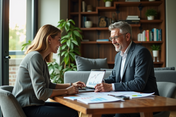 Couple d'adultes analysant des graphiques financiers à la maison