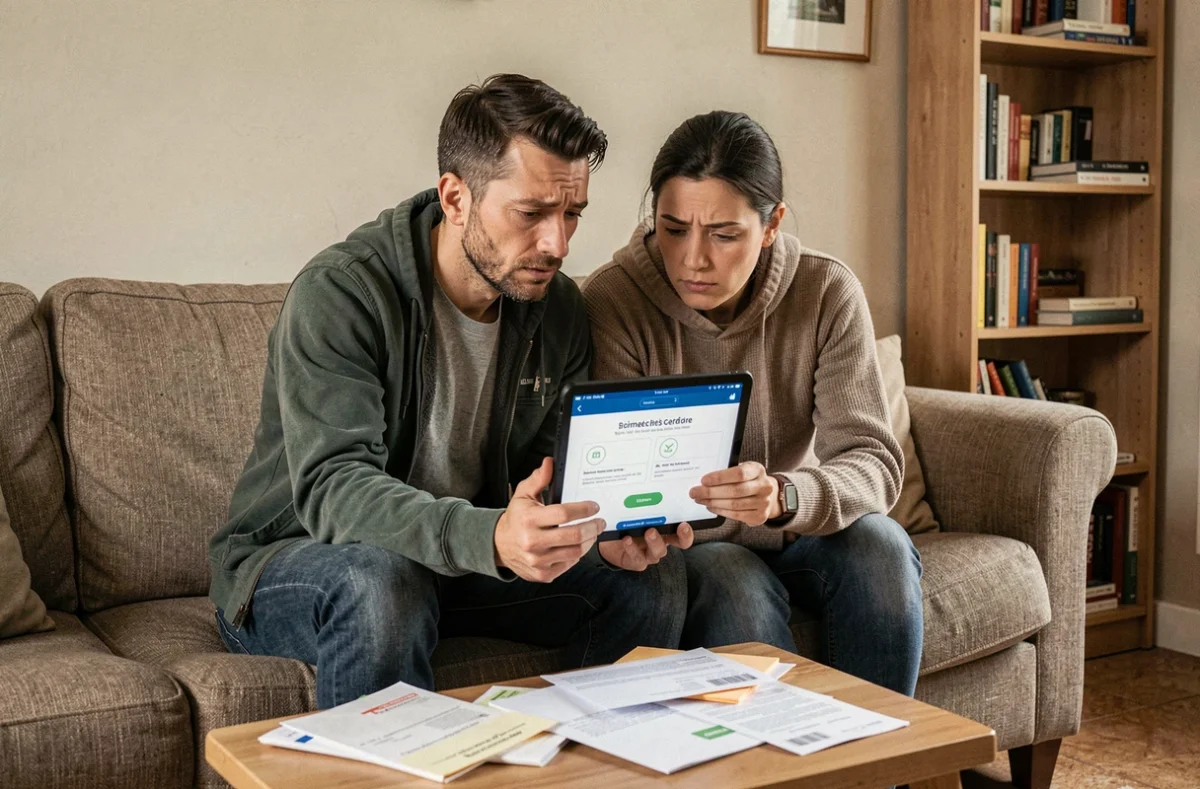 Couple calculant l'impact du SMIC à 25 heures sur leurs aides CAF dans un salon familial