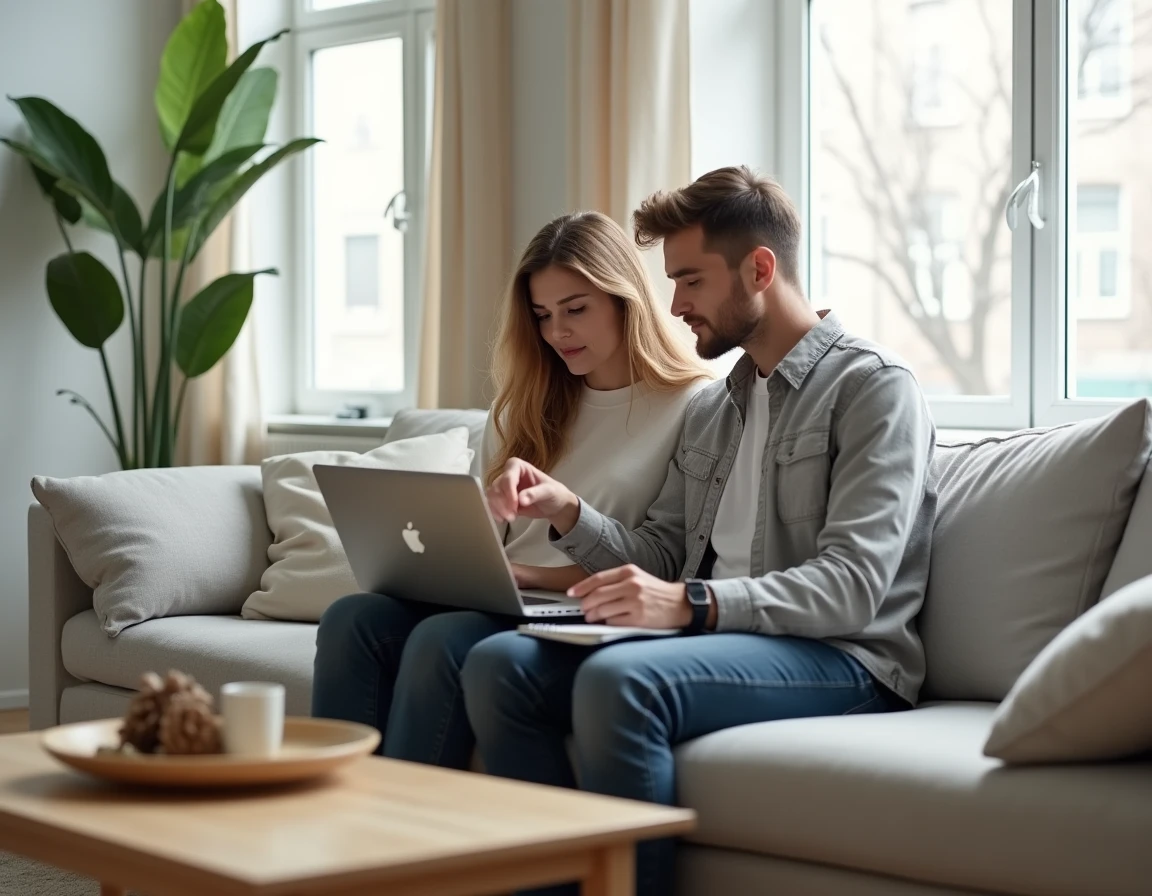 Couple comparant des offres d'assurance en ligne Qlara sur ordinateur portable dans un salon moderne scandinave