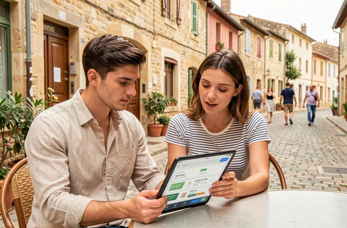 Jeune couple comparant les frais bancaires du Crédit Agricole Gers et d'une banque en ligne sur une terrasse de café en Gascogne