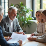 Couple confiant rencontrant un conseiller financier dans un bureau lumineux