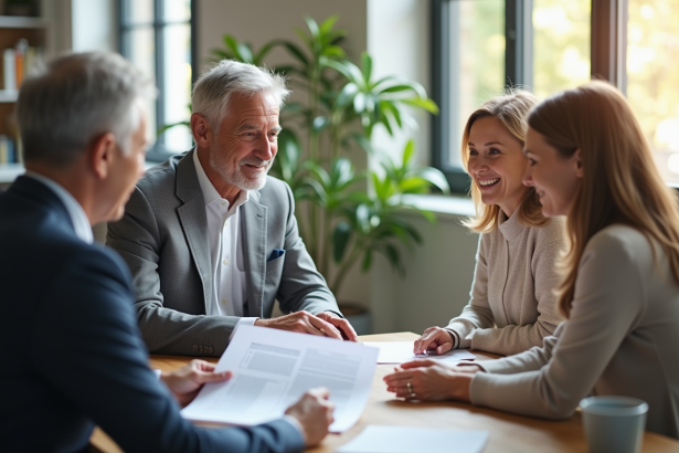Couple confiant rencontrant un conseiller financier dans un bureau lumineux