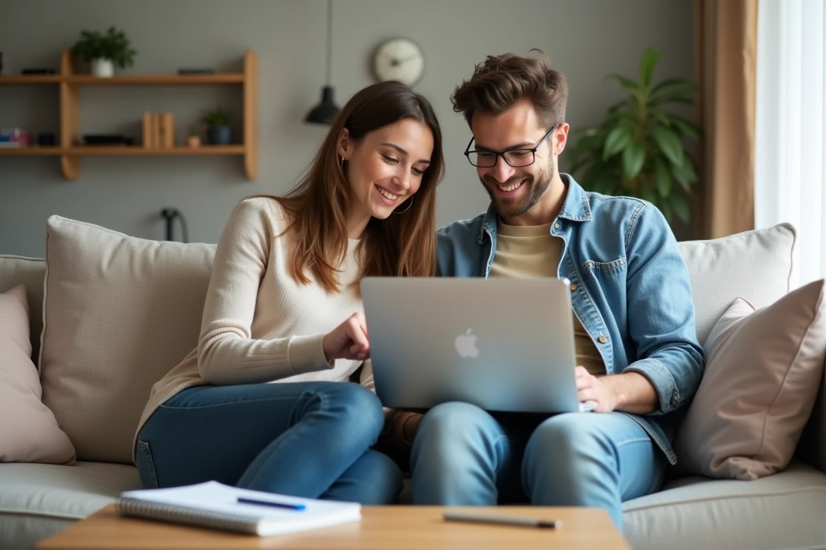 Couple remplissant ensemble leur déclaration fiscale en ligne sur un canapé dans leur appartement