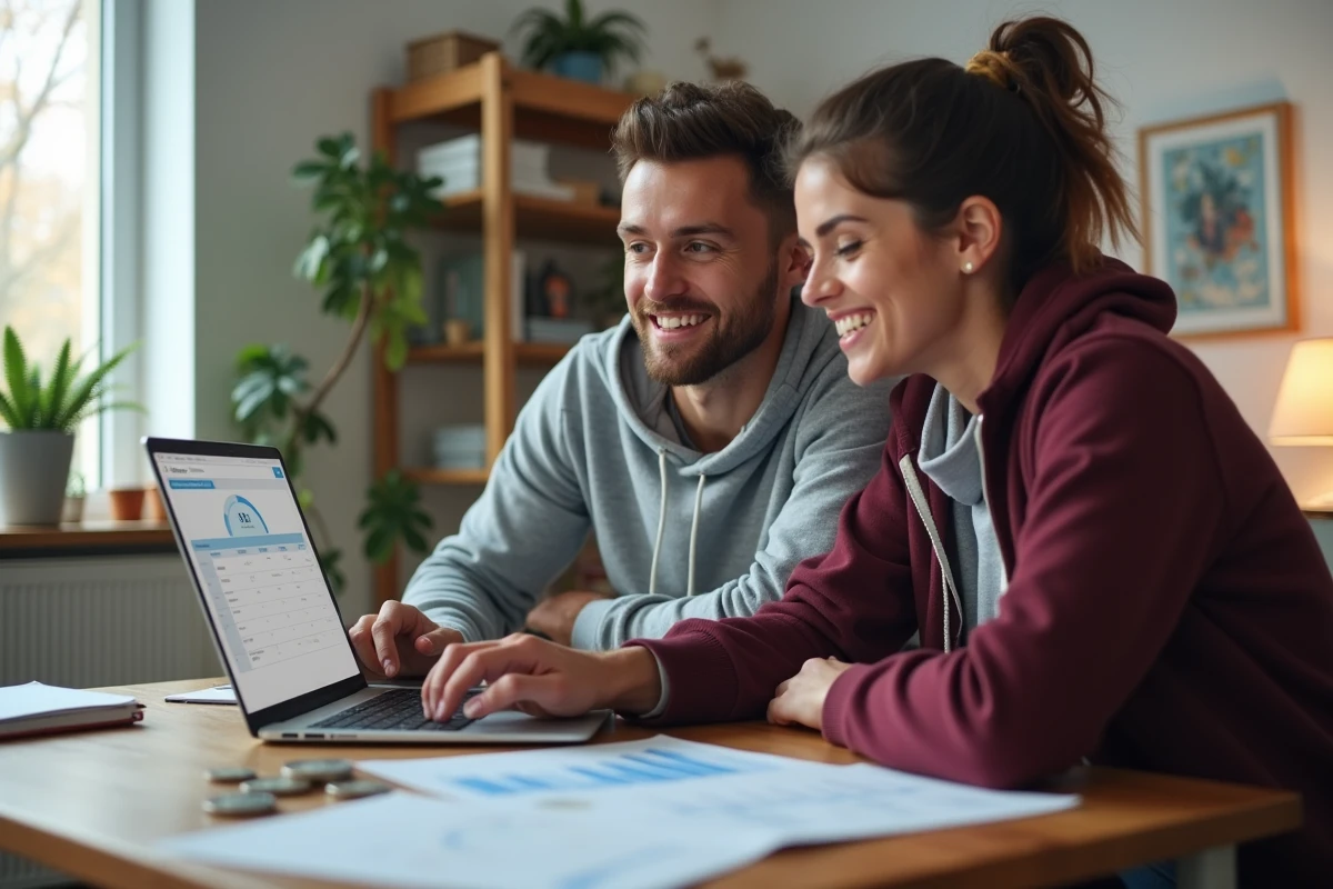 Jeune couple analysant leur épargne sur un ordinateur portable avec des graphiques financiers, face au défi de l'inflation