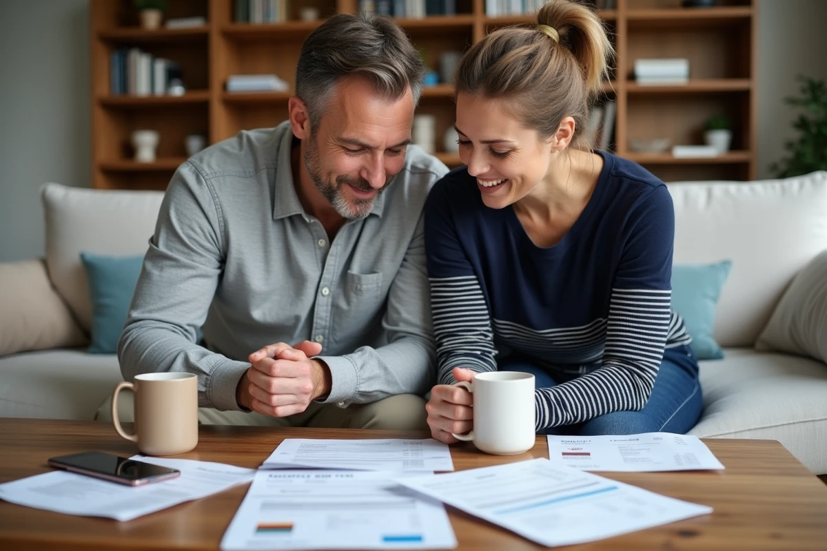 Couple gérant ensemble leur budget familial avec des relevés bancaires et une carte Crédit Agricole dans un salon cosy