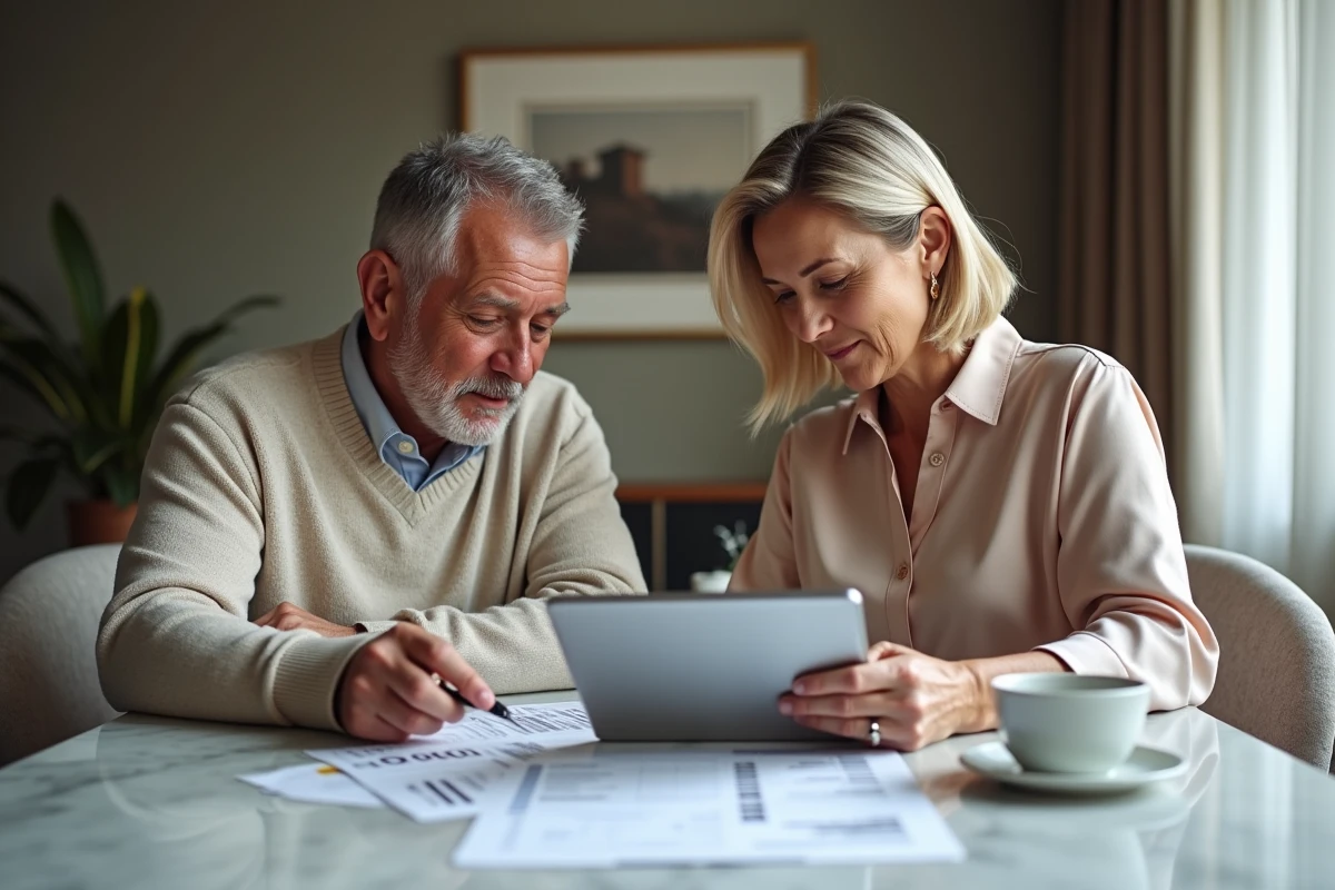 Couple examinant ensemble leurs documents bancaires BNP Banque Privée pour sécuriser leurs avoirs