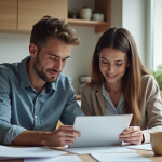 Jeune couple français dans la cuisine moderne pour un article immobilier