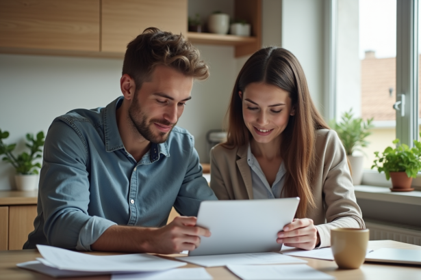 Jeune couple français dans la cuisine moderne pour un article immobilier