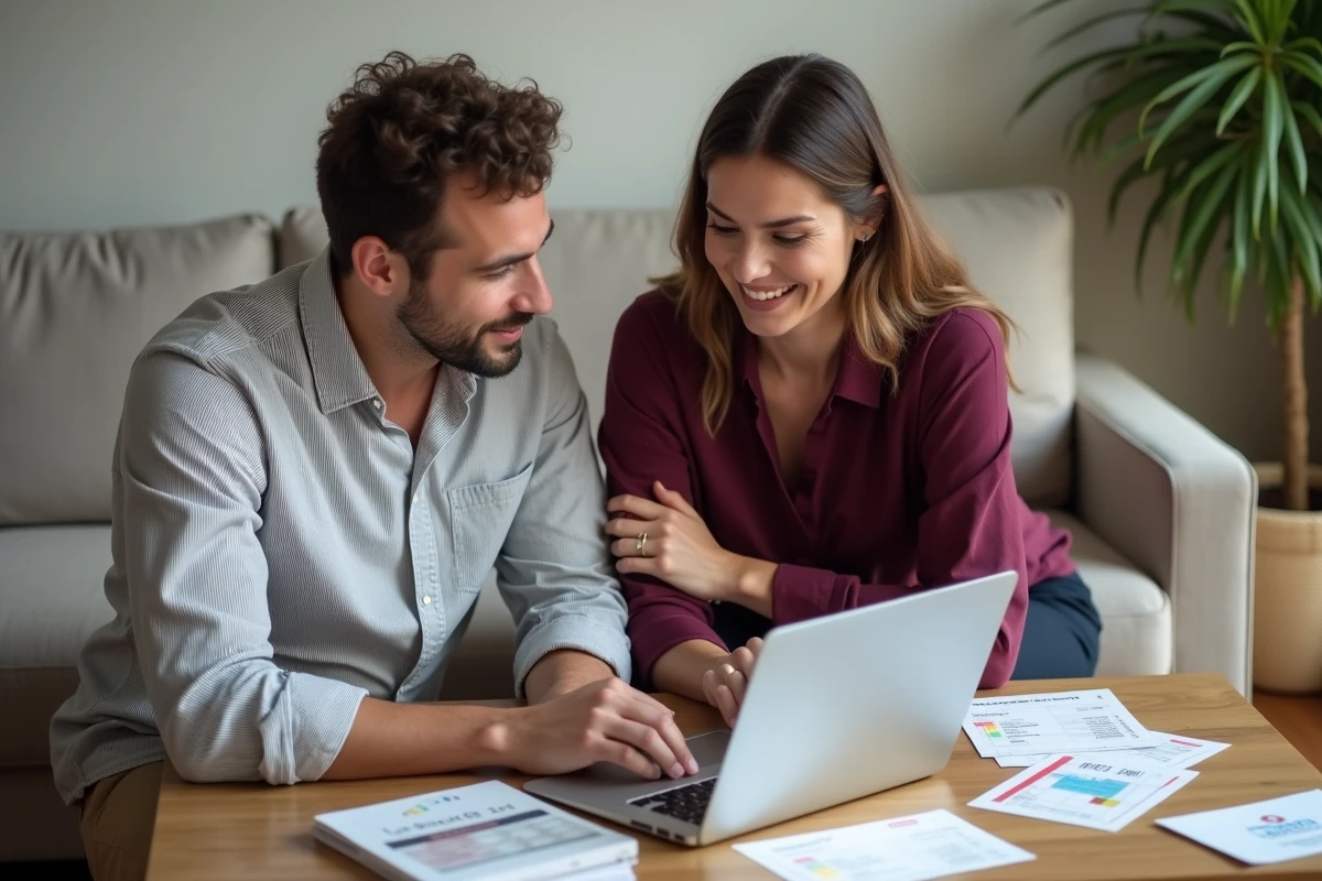 Couple planifiant leur budget de courses avec un simulateur de chèque différé Leclerc sur ordinateur portable