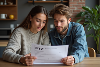 Jeune couple regardant des papiers PTZ et electricite dans un appartement