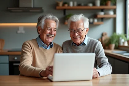 Couple senior souriant en cuisine moderne