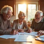 Couple senior discutant de finances avec leurs enfants à la maison