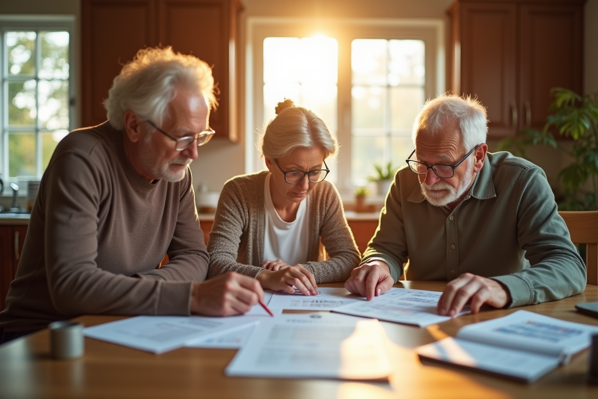 Couple senior discutant de finances avec leurs enfants à la maison