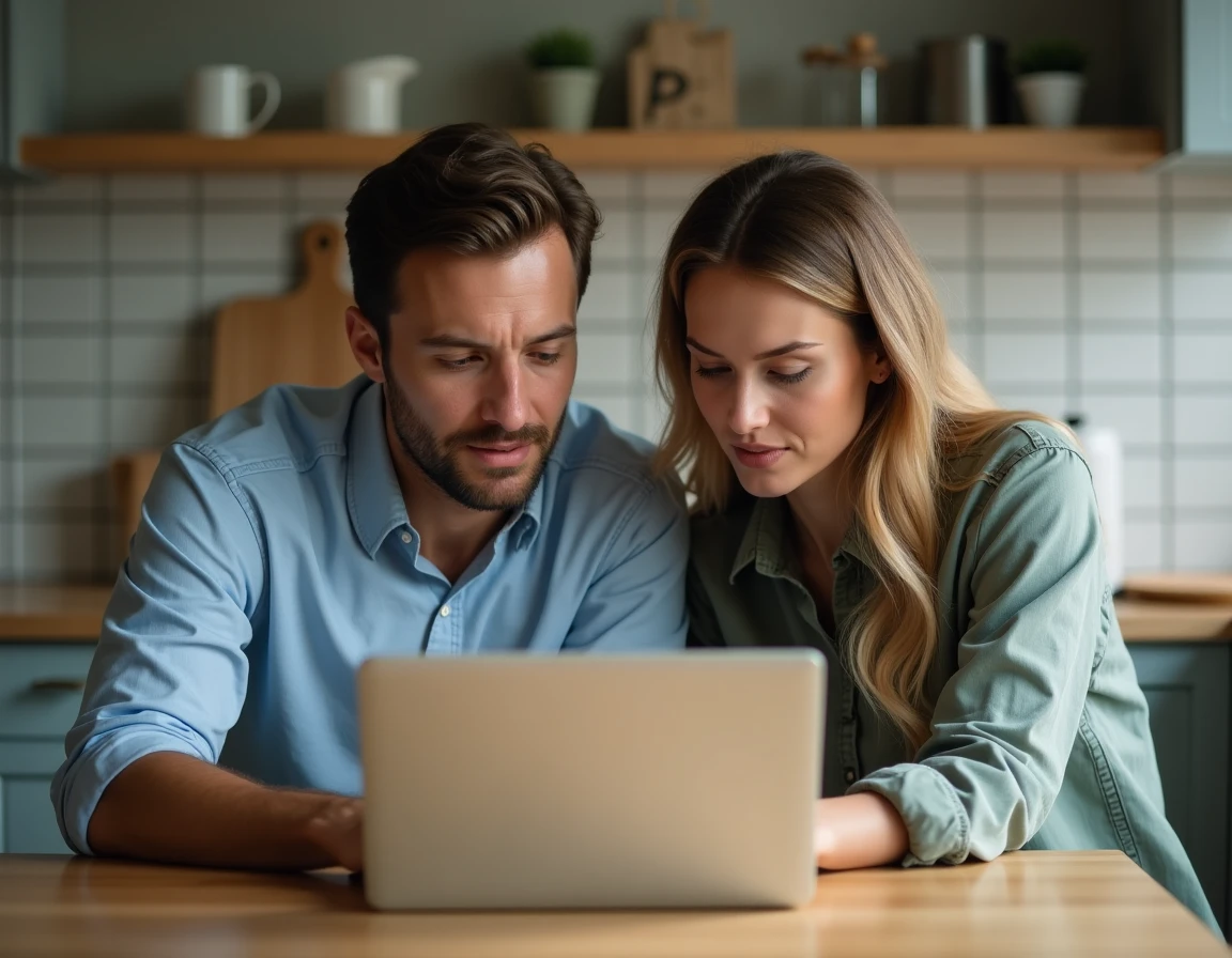 Couple cherchant des solutions en ligne après un refus de crédit Cofidis, assis à une table de cuisine avec un ordinateur portable