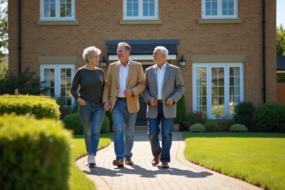 Couple âgé avec agent immobilier devant maison