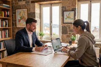 Un courtier en crédit immobilier en Bretagne conseille un couple lors d'une consultation dans un bureau moderne avec vue sur la côte bretonne