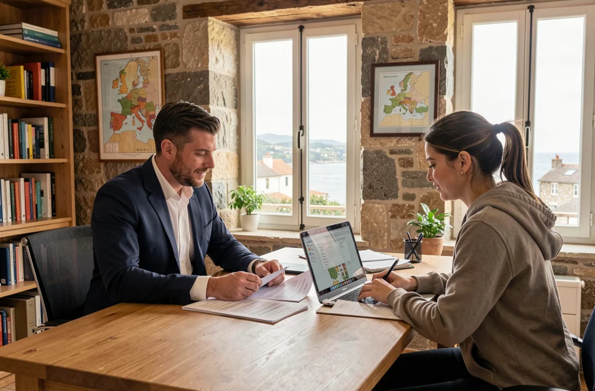 Un courtier en crédit immobilier en Bretagne conseille un couple lors d'une consultation dans un bureau moderne avec vue sur la côte bretonne