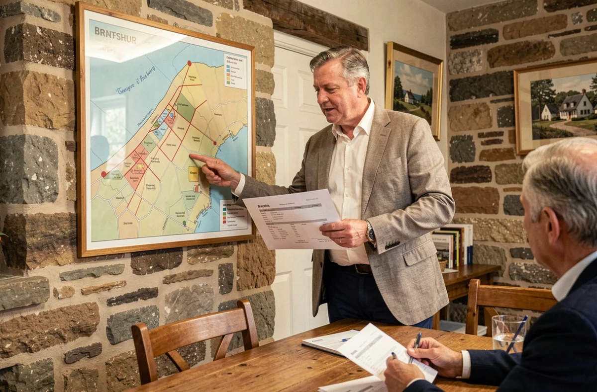 Un courtier du Courtier Immobilier de Bretagne présente des zones de financement sur une carte régionale dans son agence bretonne