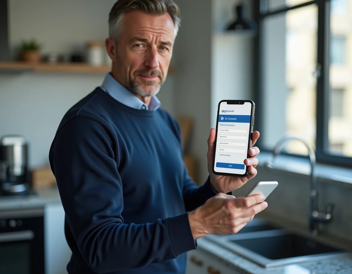 Homme consultant son smartphone pour s'inscrire sur le compte en ligne CA56