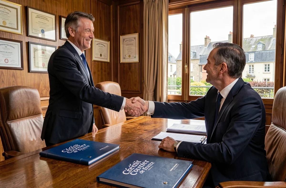 Un courtier de Crédit Courtier de France signe un accord avec un client dans un bureau classique au style breton