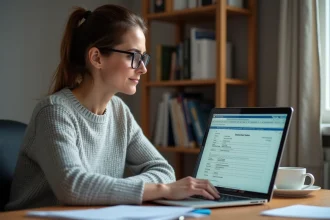 Femme remplissant sa déclaration fiscale en ligne sur un ordinateur portable dans un bureau à domicile