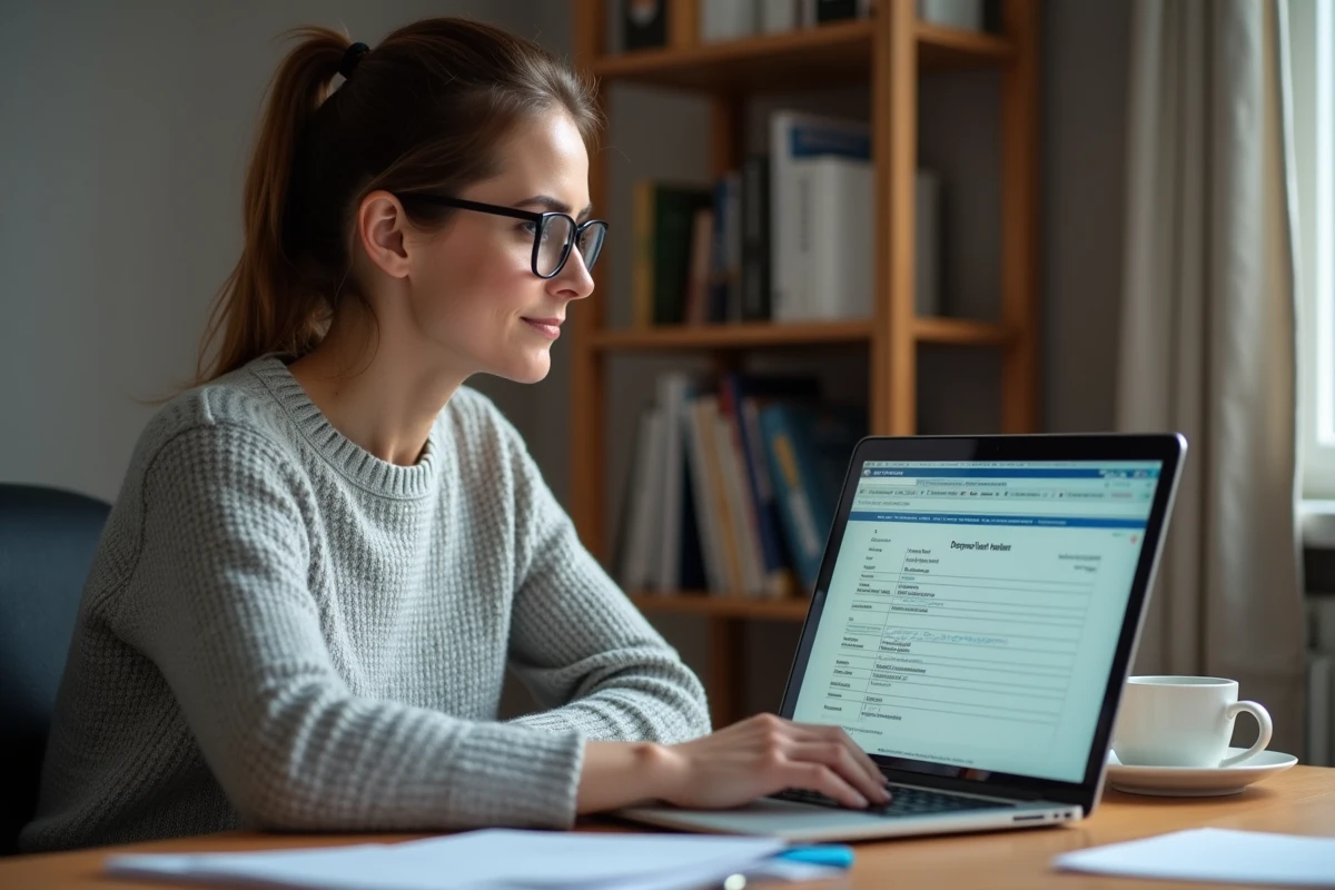Femme remplissant sa déclaration fiscale en ligne sur un ordinateur portable dans un bureau à domicile
