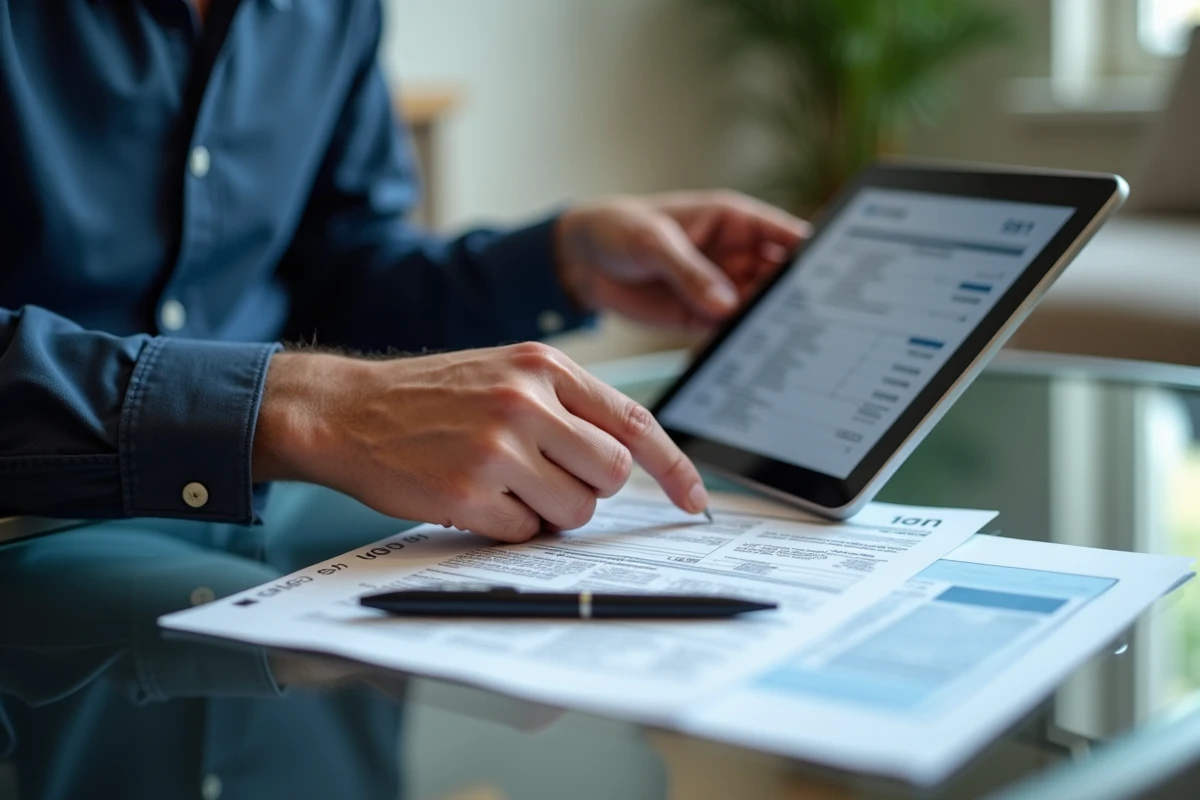 Homme consultant sa déclaration de revenus en ligne sur une tablette avec des documents imprimés