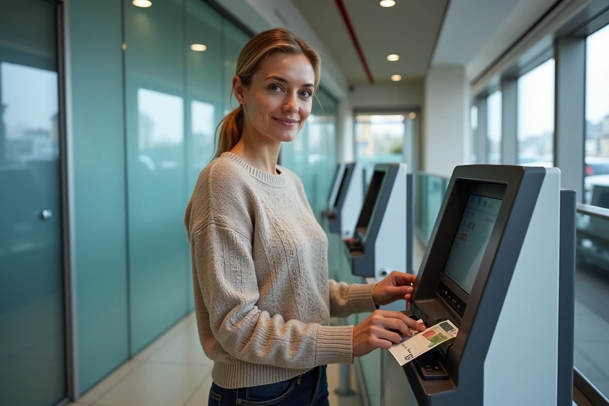 Femme effectuant un dépôt en espèces sur un distributeur automatique dans une agence bancaire moderne, illustrant les procédures de versement d'espèces et les frais associés