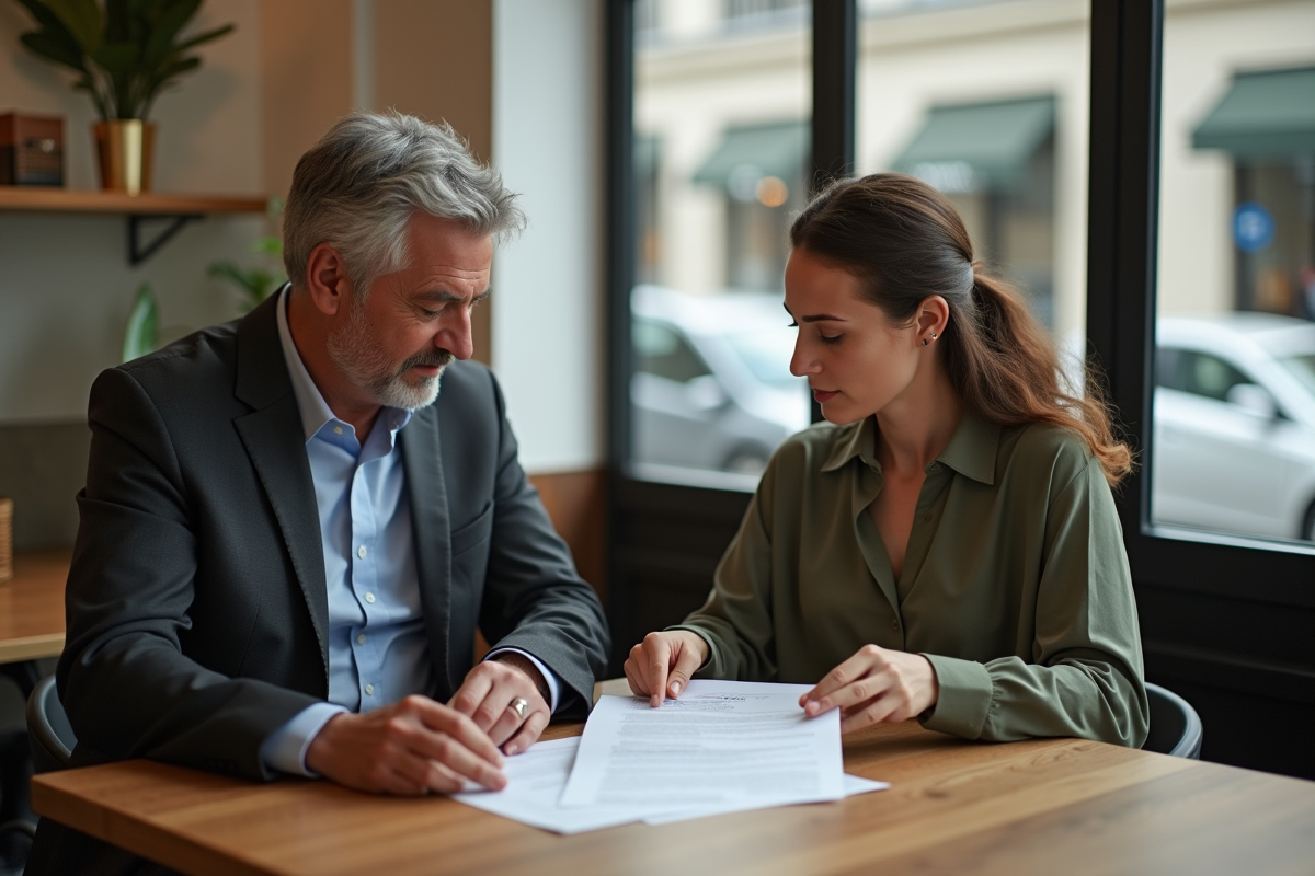 Deux professionnels discutant documents dans un café moderne