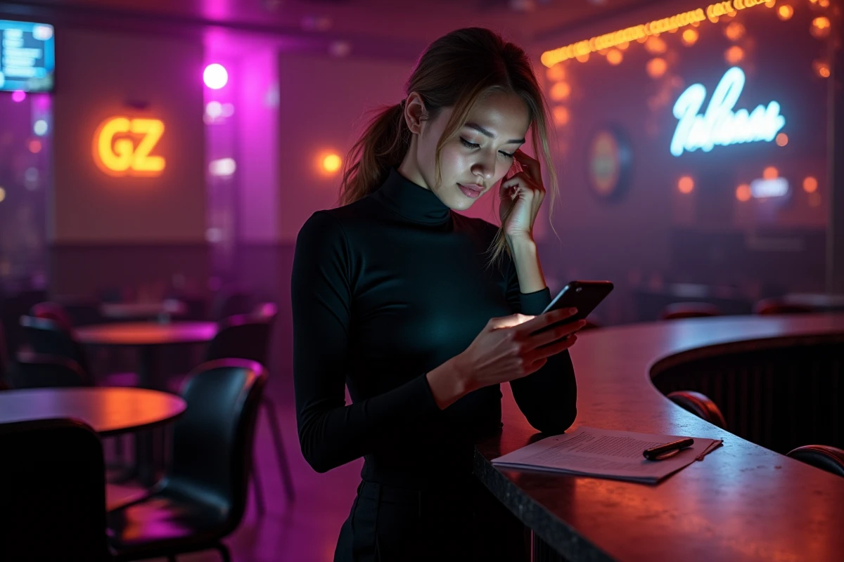 DJ femme vérifiant son téléphone après un concert dans un club vide avec un contrat de prestation posé sur le bar