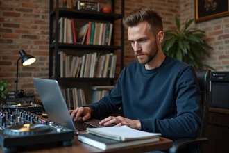 DJ assis à son bureau de home studio analysant ses revenus sur un ordinateur portable entouré de matériel de mixage