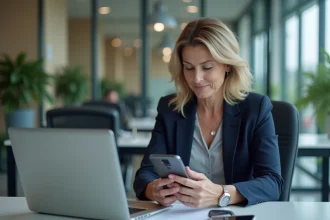 Femme professionnelle utilisant la double authentification sur son smartphone pour accéder à son espace bancaire Cyberplus Rives de Paris Banque Populaire