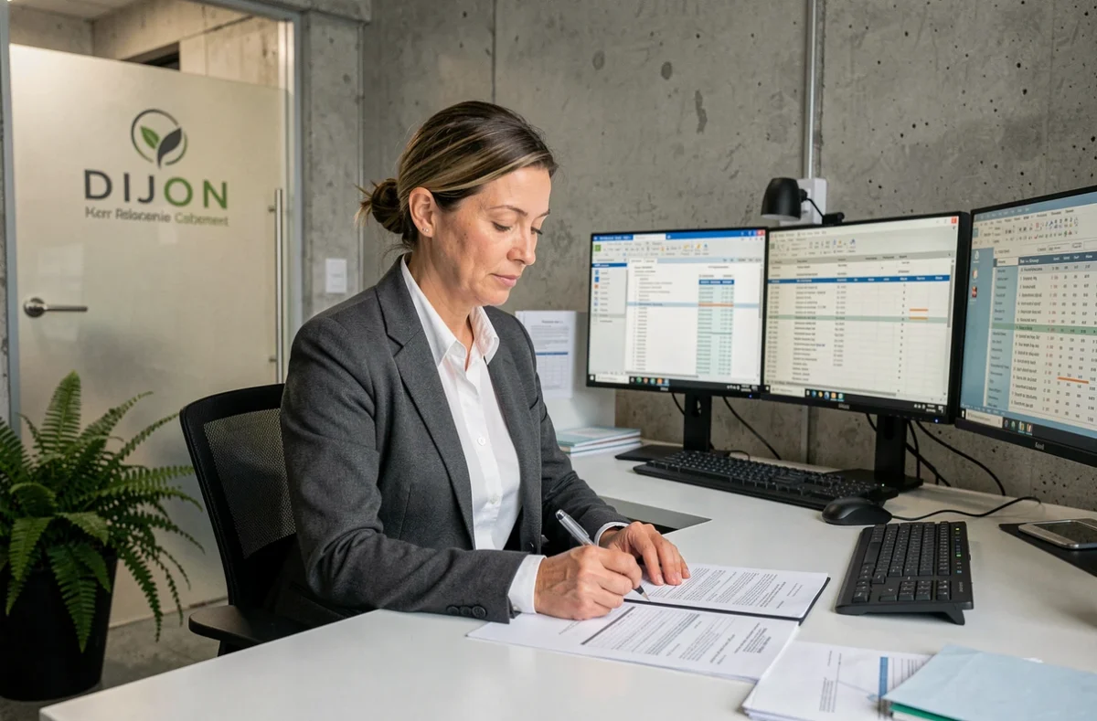 Experte-comptable d'ECA Dijon annotant des états financiers dans un bureau moderne et professionnel