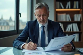 Economiste en costume bleu analyse des prévisions d'inflation à Paris