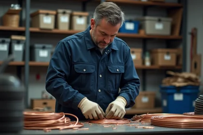 Électricien artisan triant des bobines de fil de cuivre sur un établi dans un atelier professionnel