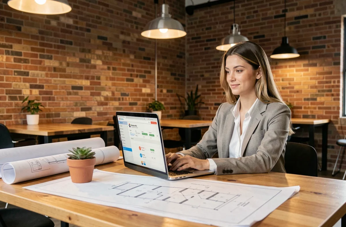 Une conseillère Empruntis utilise la plateforme en ligne pour simuler un prêt immobilier dans un espace de coworking contemporain
