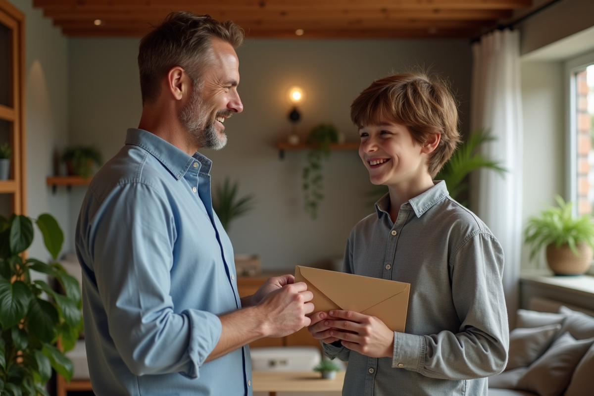Père donnant une enveloppe à son fils dans un salon chaleureux