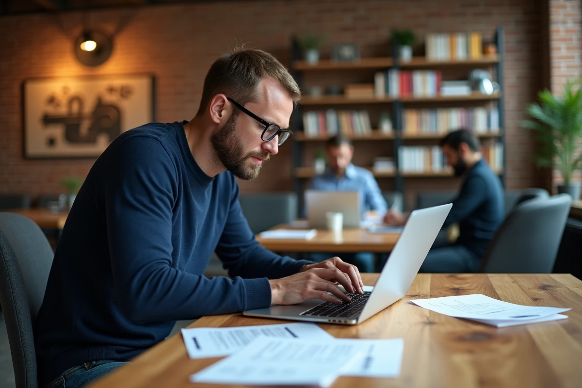 Entrepreneur SaaS examinant des factures et une interface de facturation récurrente dans un espace de coworking